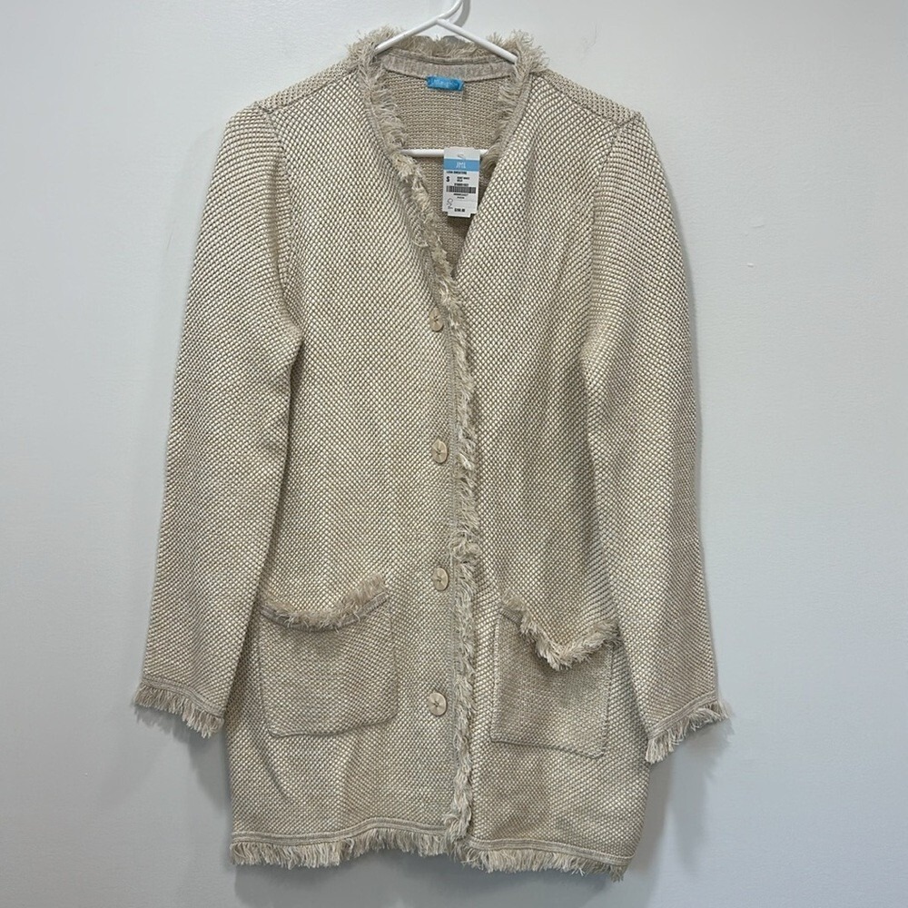 J‎ Mclaughlin Womens Lexa Sweater Small Tan Fringe Tweed Cotton Long Line Button